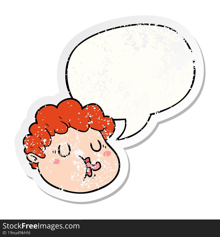 cartoon male face and speech bubble distressed sticker