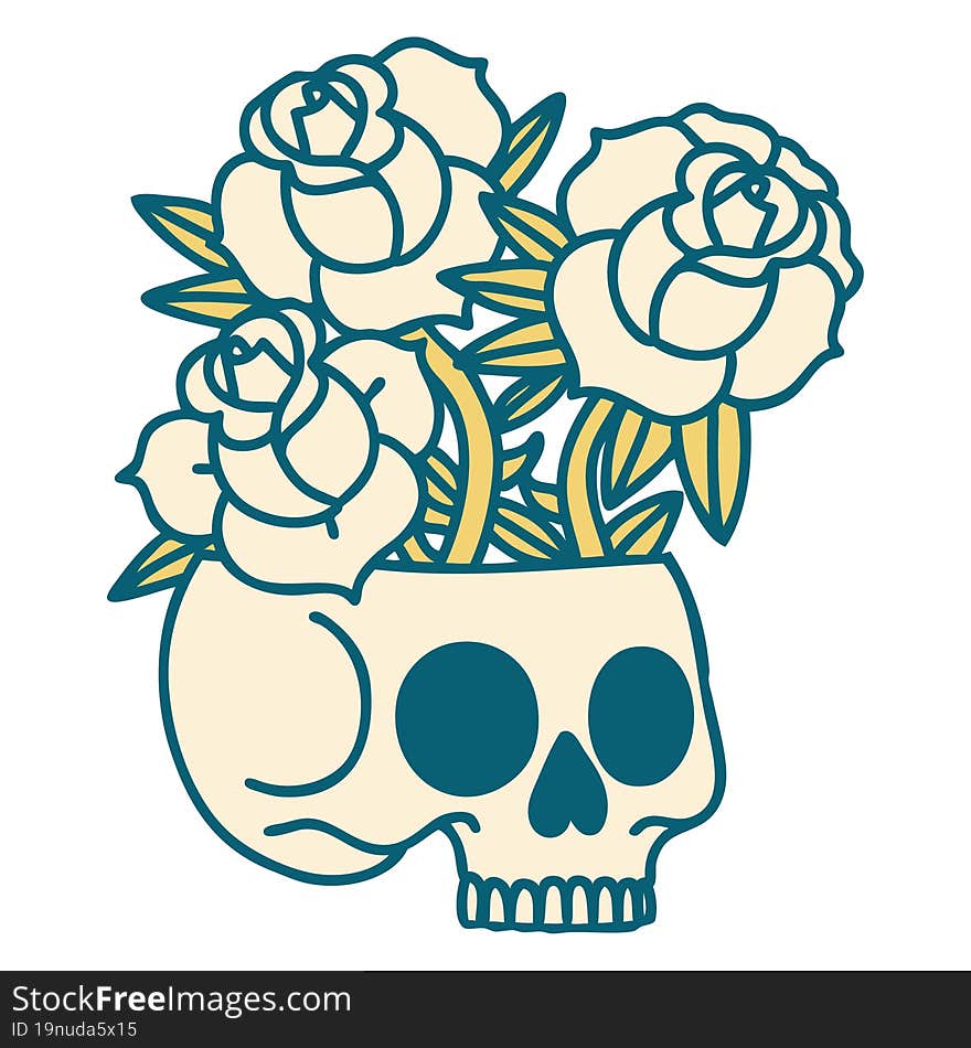 tattoo style icon of a skull and roses