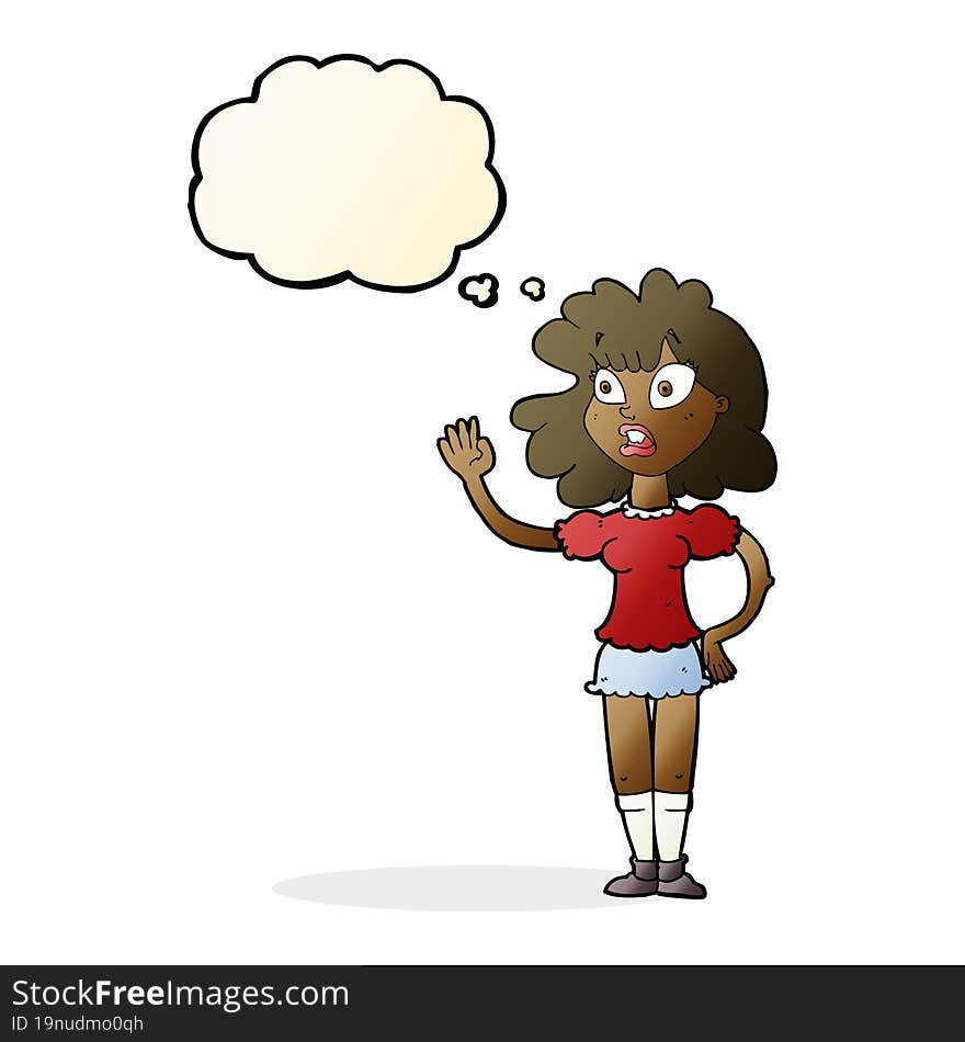 cartoon worried woman waving with thought bubble