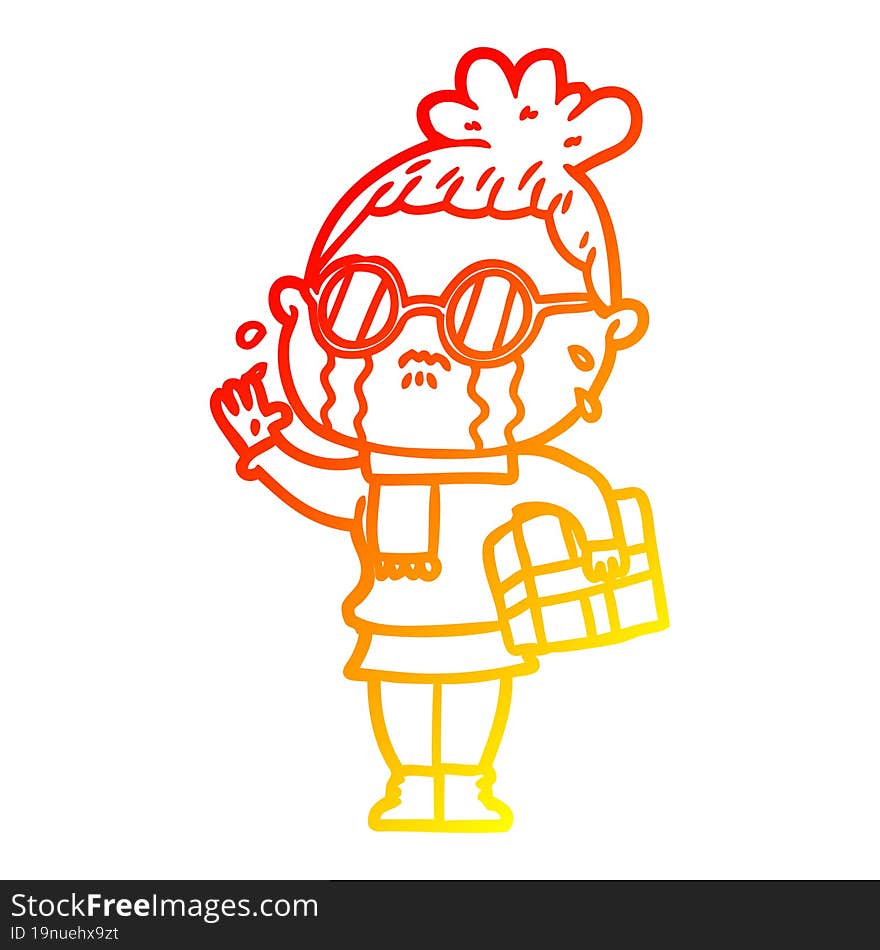 warm gradient line drawing cartoon crying woman wearing spectacles