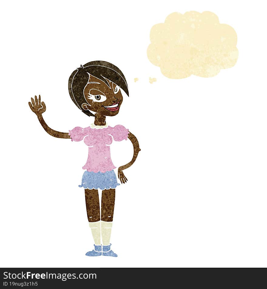 Cartoon Waving Woman With Thought Bubble