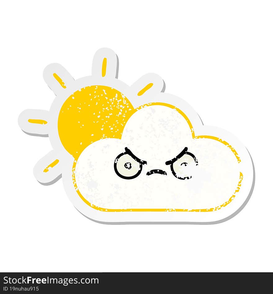 distressed sticker of a cute cartoon sunshine and cloud