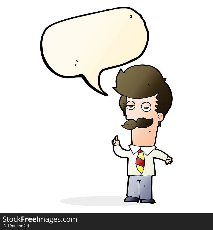 cartoon man with mustache explaining with speech bubble