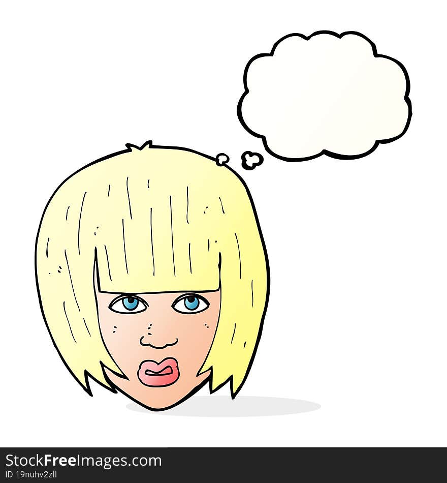 cartoon annoyed girl with big hair with thought bubble