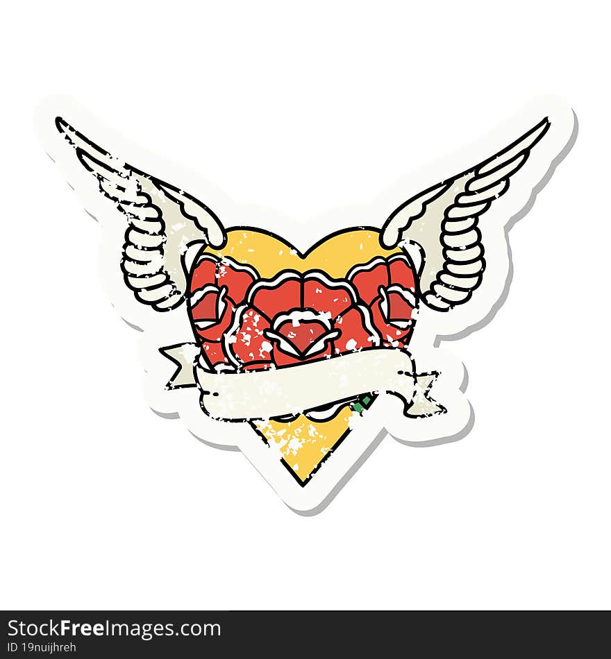 distressed sticker tattoo in traditional style of heart with wings flowers and banner. distressed sticker tattoo in traditional style of heart with wings flowers and banner