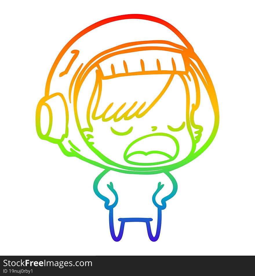 rainbow gradient line drawing cartoon astronaut woman explaining