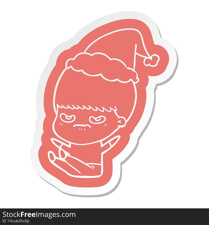 quirky cartoon  sticker of a boy wearing santa hat