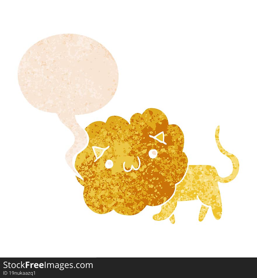 cute cartoon lion and speech bubble in retro textured style