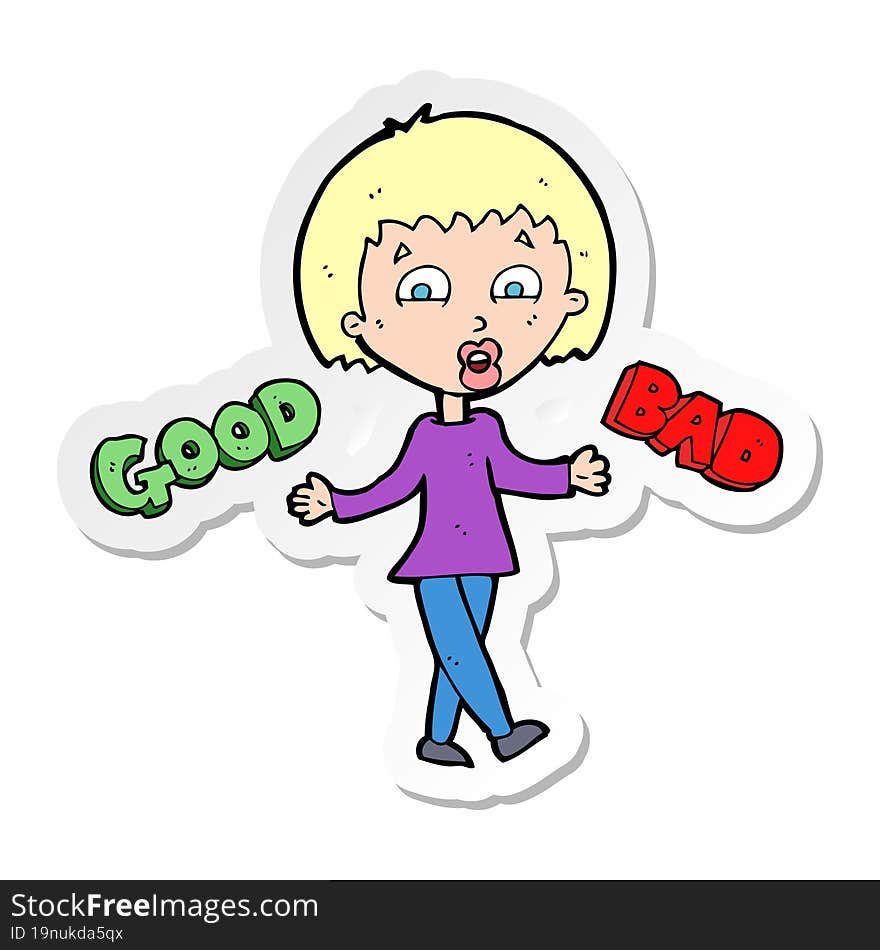 sticker of a cartoon woman weighing up options