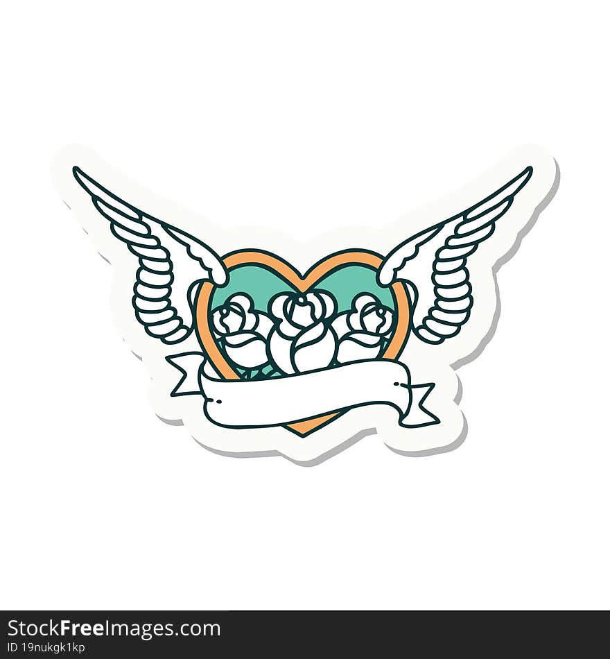 sticker of tattoo in traditional style of a flying heart with flowers and banner. sticker of tattoo in traditional style of a flying heart with flowers and banner