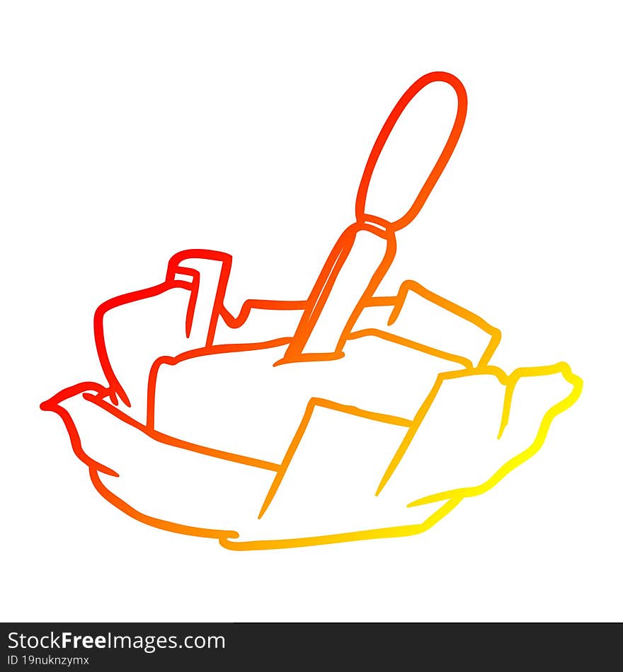 warm gradient line drawing of a traditional pat of butter with knife