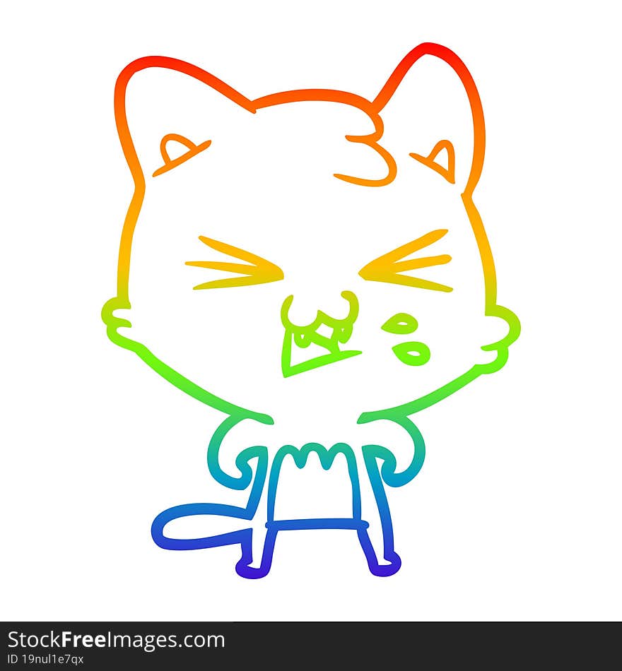 rainbow gradient line drawing of a cartoon cat hissing