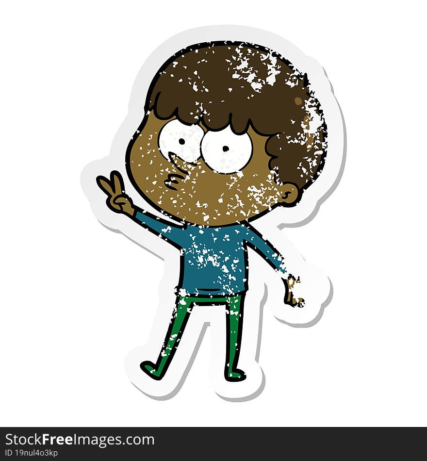 distressed sticker of a cartoon curious boy dancing