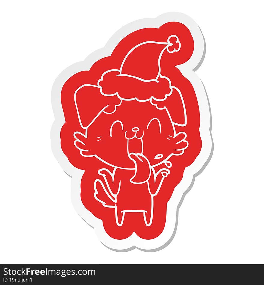 Cartoon  Sticker Of A Panting Dog Shrugging Shoulders Wearing Santa Hat