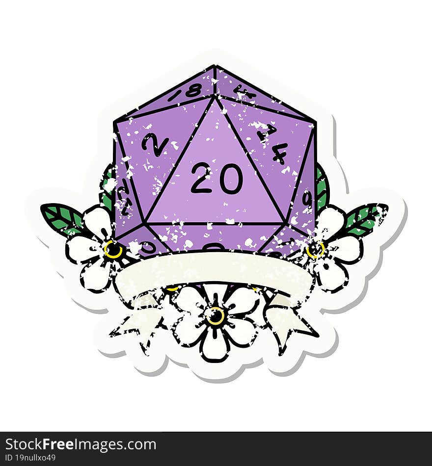 grunge sticker of a natural 20 critical hit D20 dice roll. grunge sticker of a natural 20 critical hit D20 dice roll