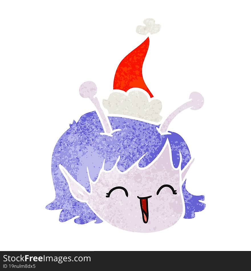 retro cartoon of a alien space girl face wearing santa hat