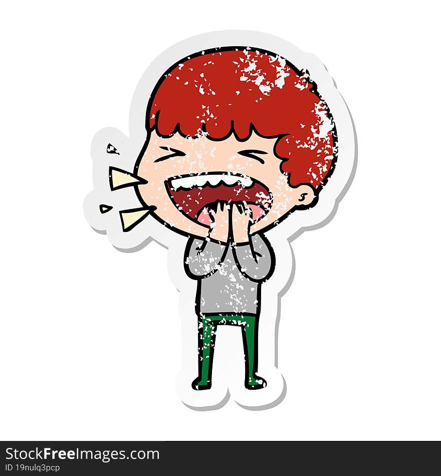 distressed sticker of a cartoon laughing man