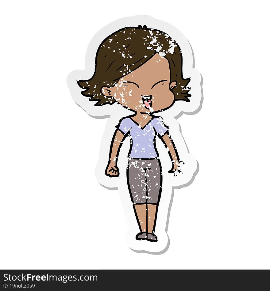 distressed sticker of a happy cartoon girl