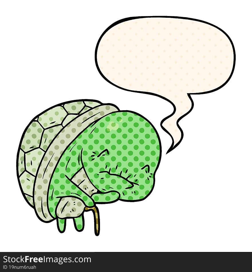 Cute Cartoon Old Turtle And Walking Stick And Speech Bubble In Comic Book Style