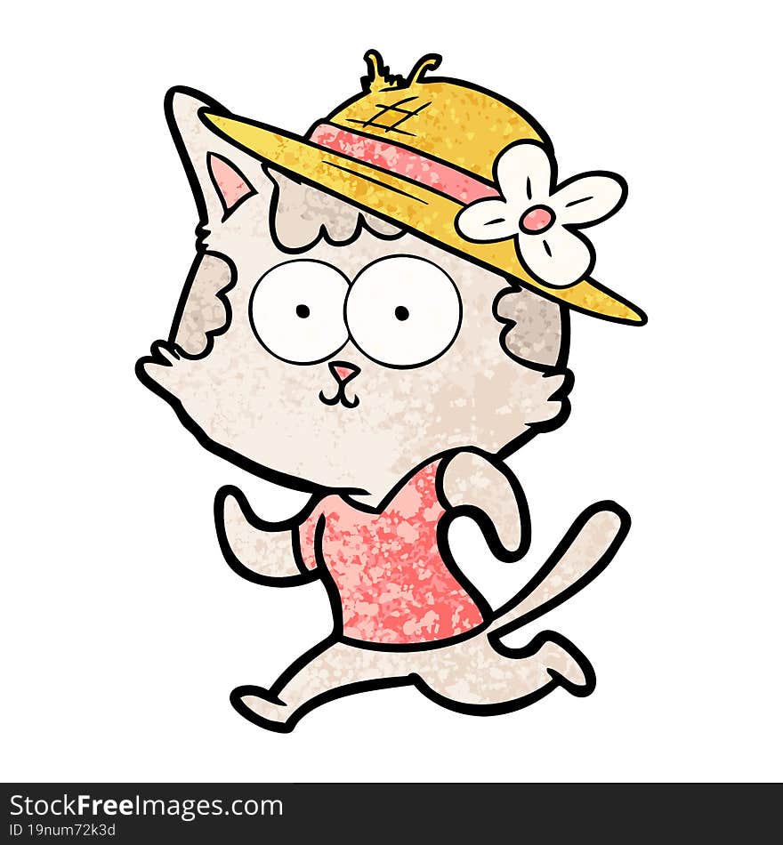 happy cartoon cat jogging in hat. happy cartoon cat jogging in hat