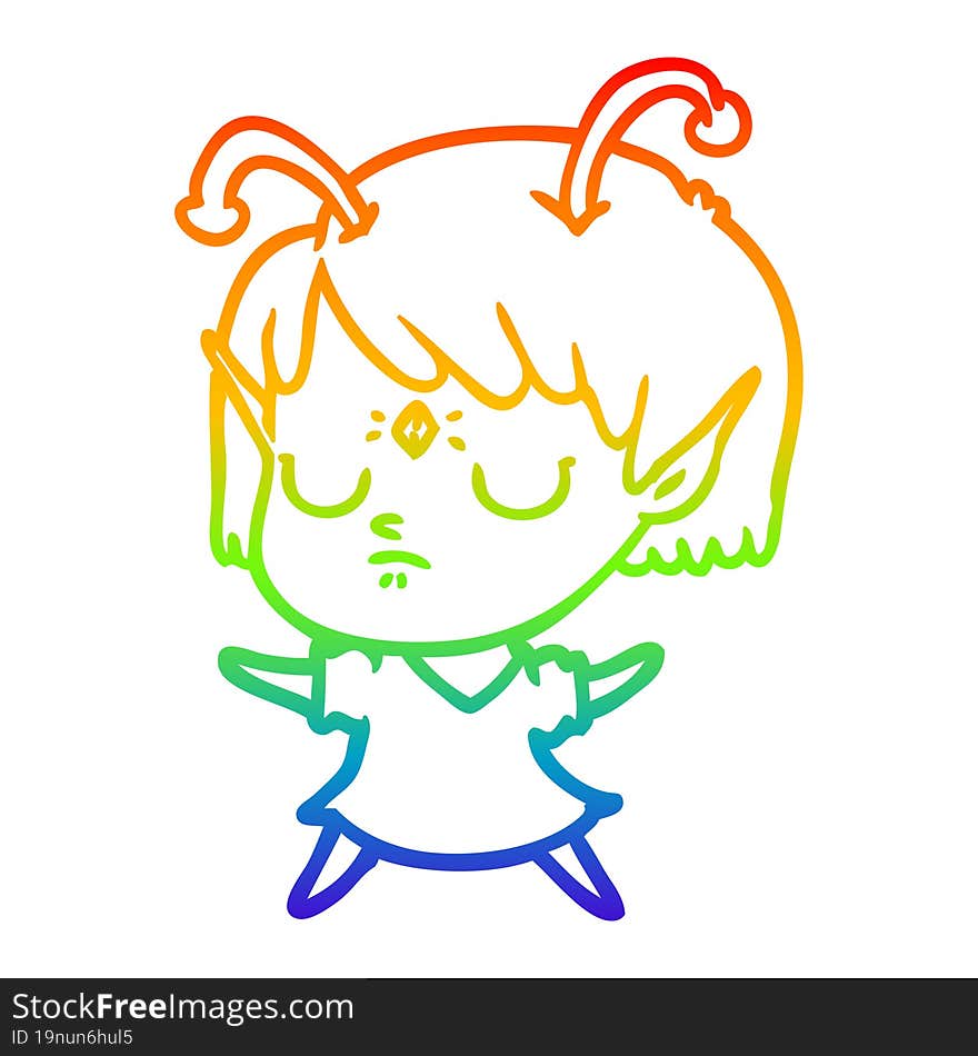 rainbow gradient line drawing of a cartoon alien girl