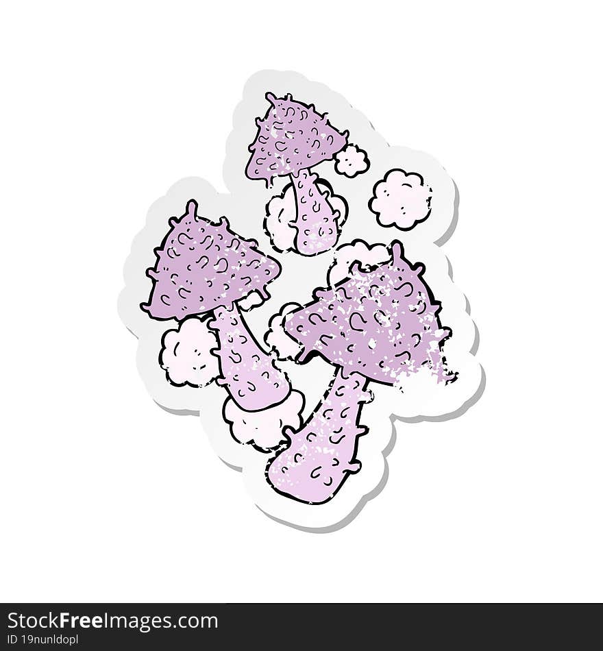 retro distressed sticker of a cartoon weird mushrooms