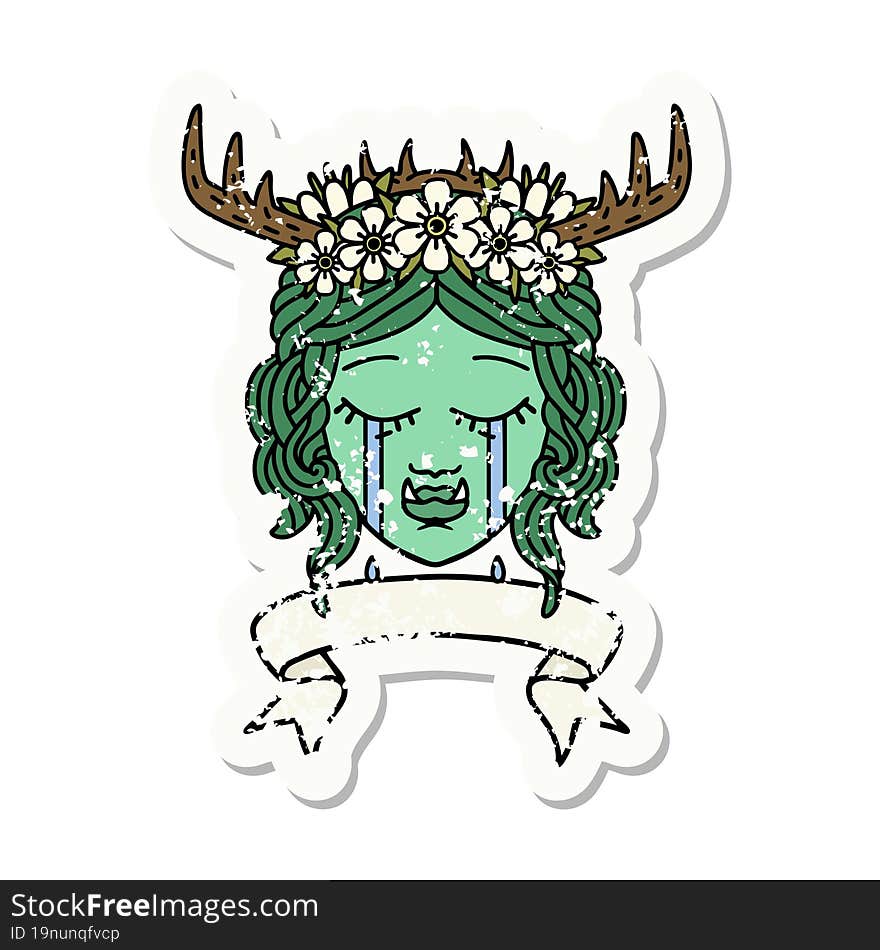 grunge sticker of a crying orc druid character face. grunge sticker of a crying orc druid character face