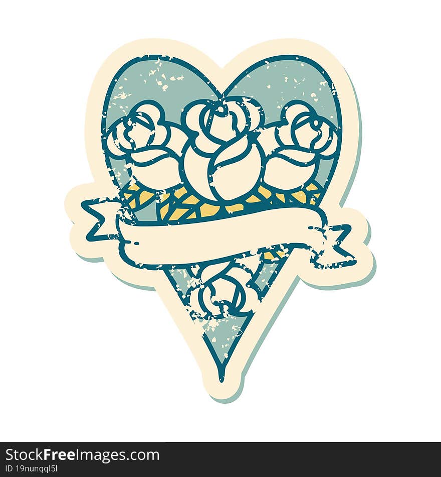 distressed sticker tattoo style icon of a heart and banner with flowers