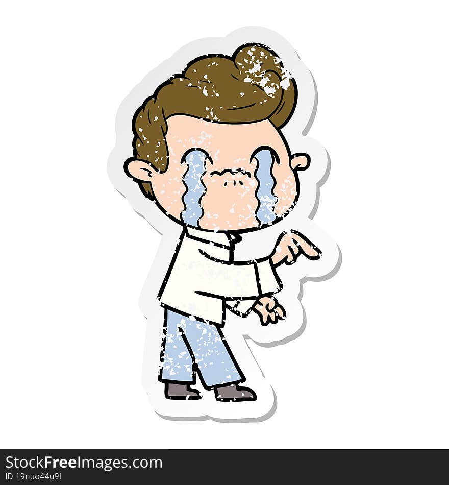 distressed sticker of a cartoon man crying