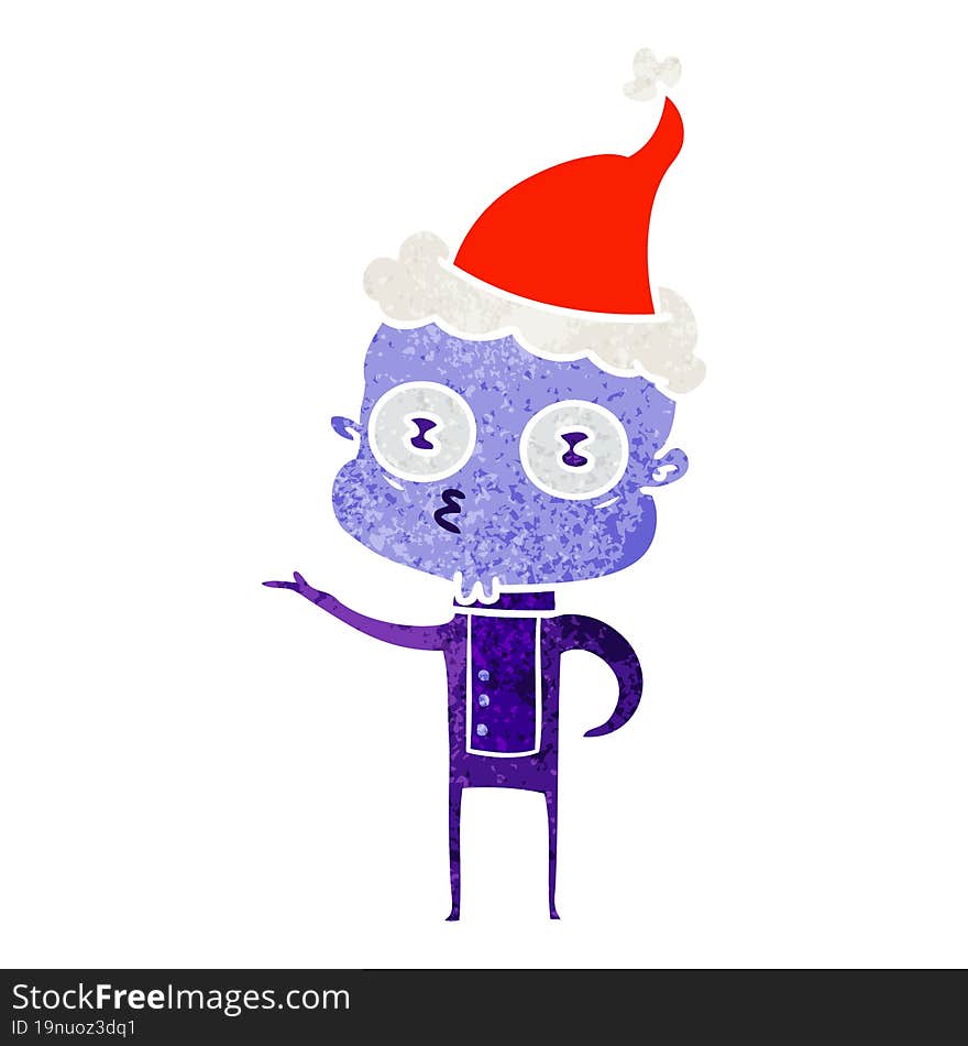 Retro Cartoon Of A Weird Bald Spaceman Wearing Santa Hat