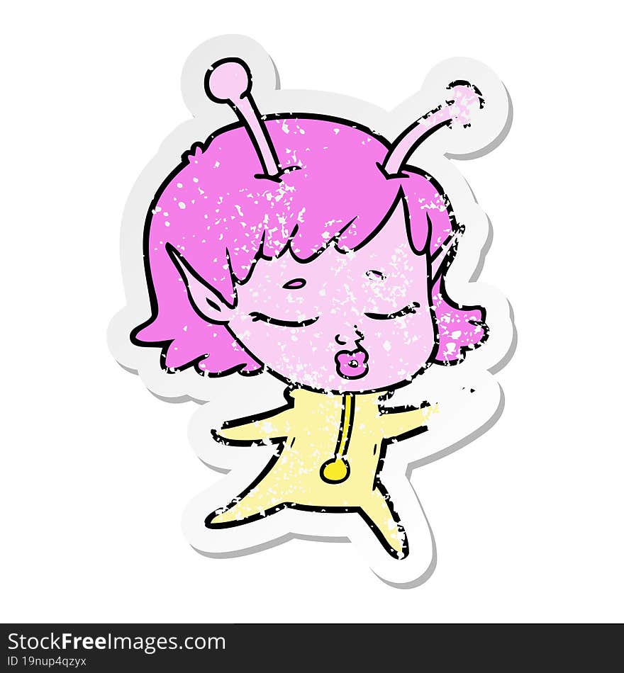 distressed sticker of a cartoon alien girl