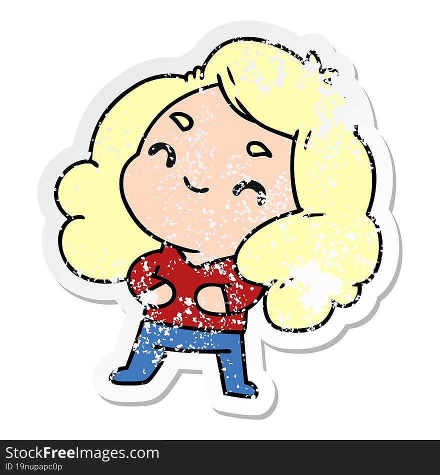 distressed sticker cartoon illustration of a cute kawaii girl. distressed sticker cartoon illustration of a cute kawaii girl