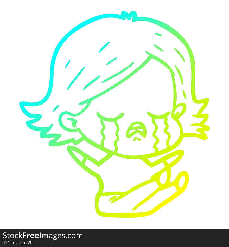 Cold Gradient Line Drawing Cartoon Girl Crying