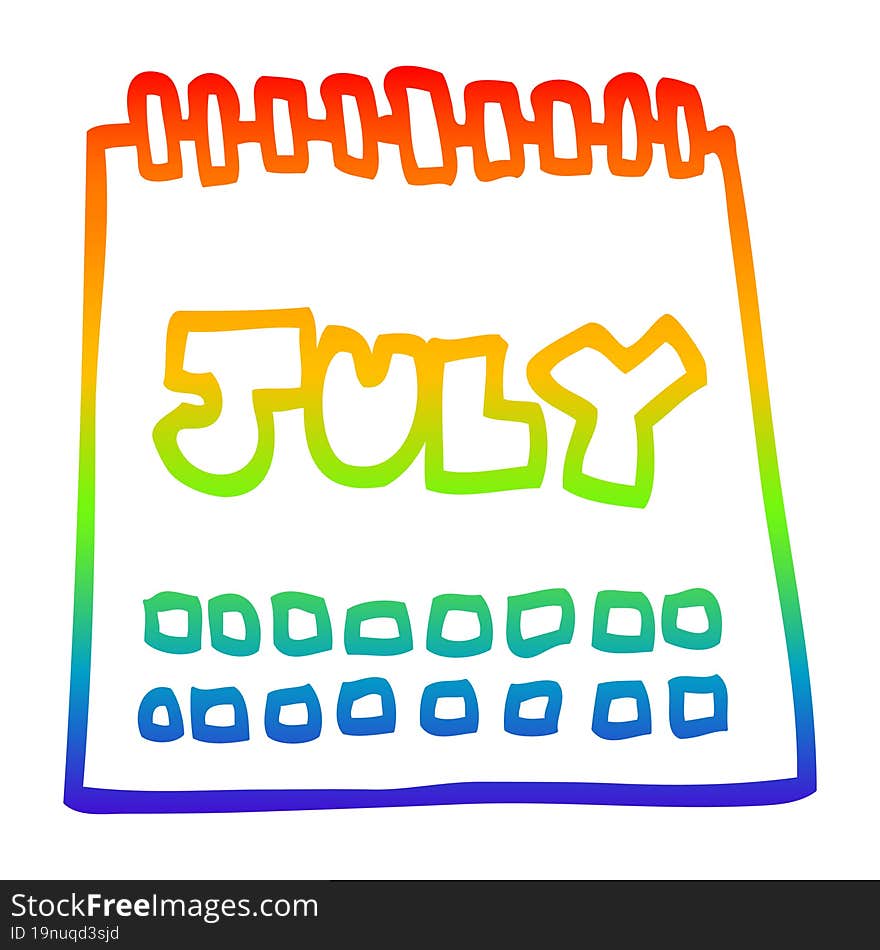 rainbow gradient line drawing of a cartoon calendar showing month of july