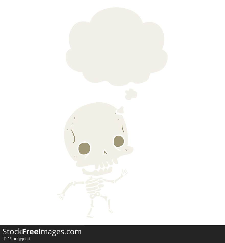 cartoon skeleton with thought bubble in retro style