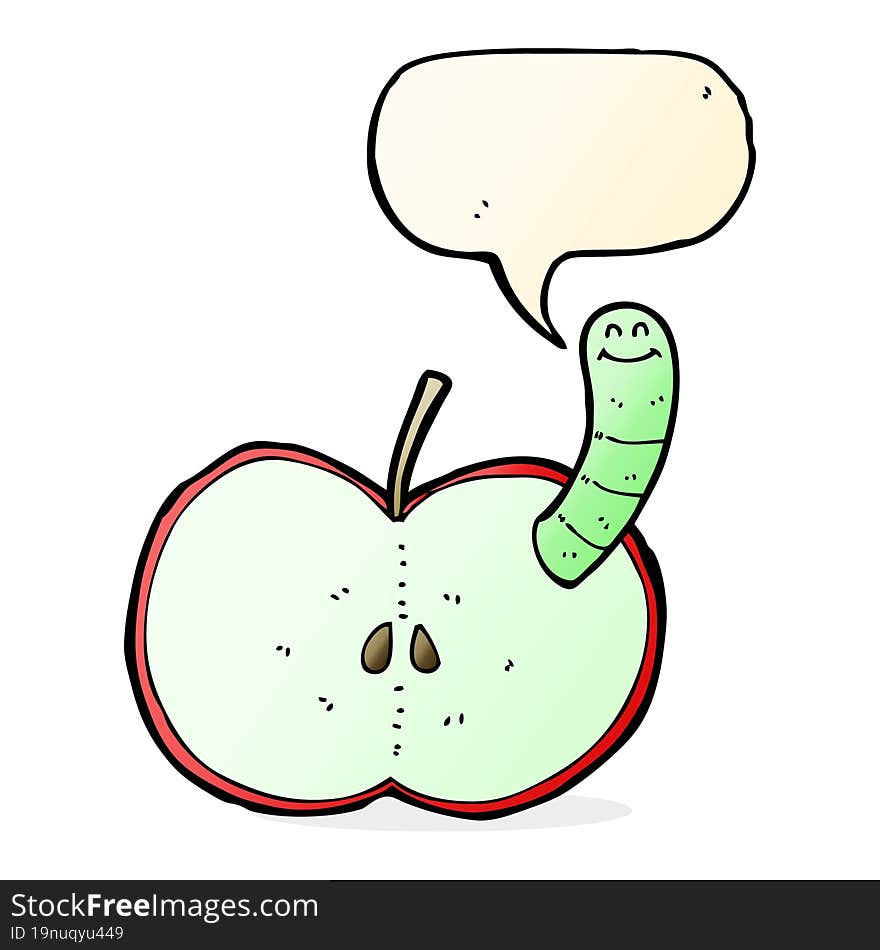 cartoon apple with worm with speech bubble