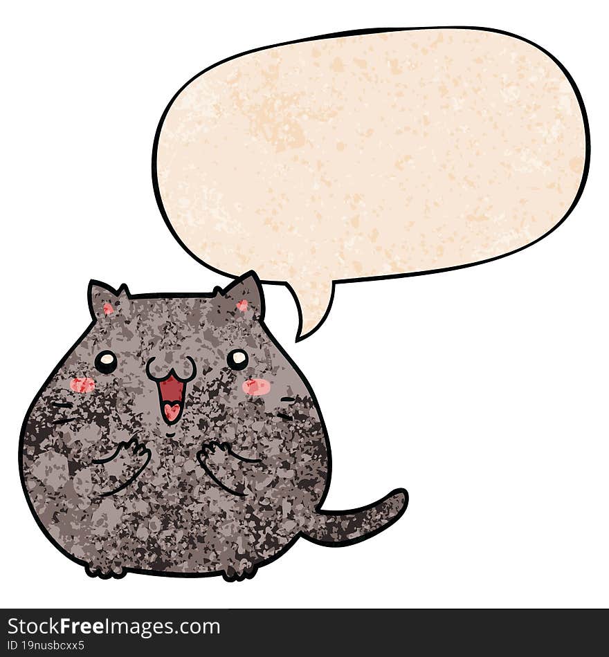 happy cartoon cat and speech bubble in retro texture style