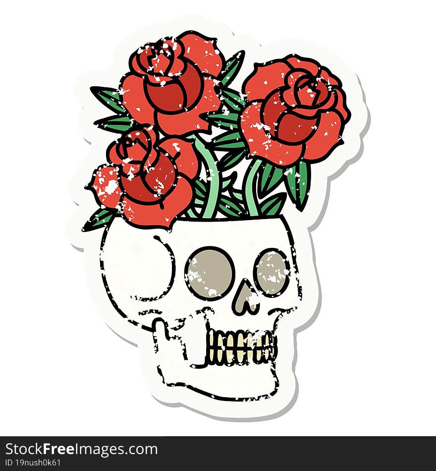 distressed sticker tattoo in traditional style of a skull and roses. distressed sticker tattoo in traditional style of a skull and roses