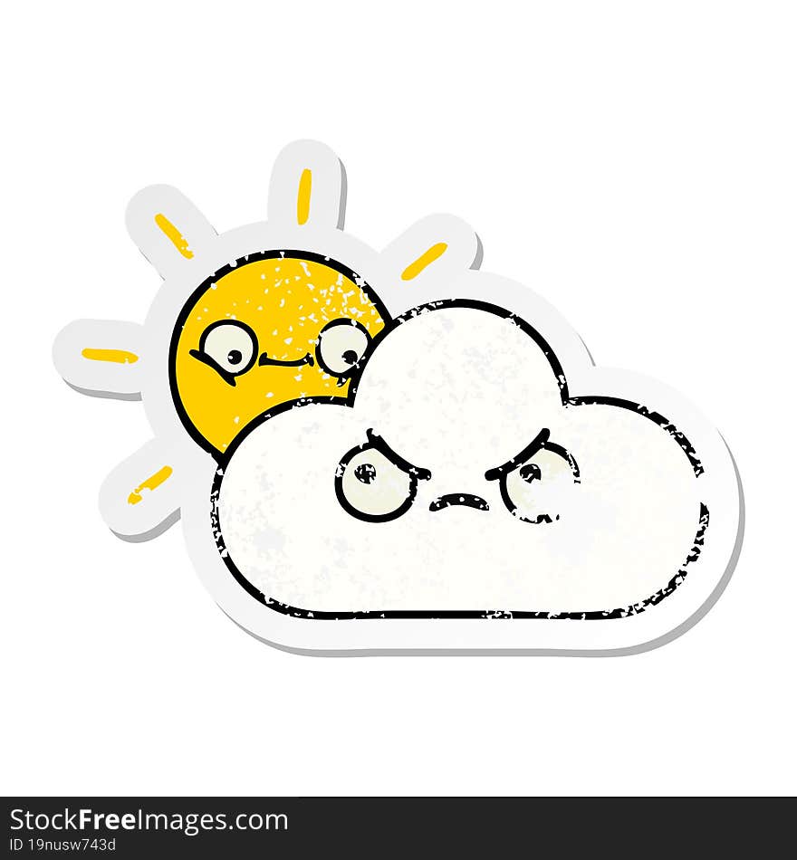 distressed sticker of a cute cartoon sunshine and cloud