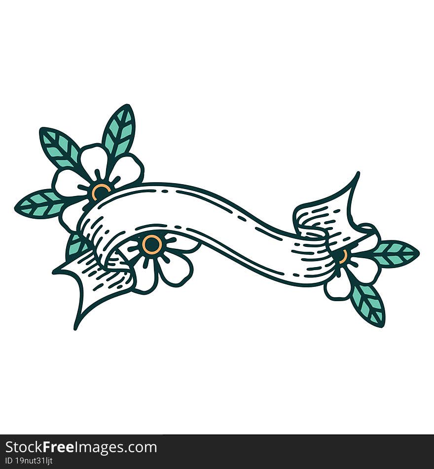 iconic tattoo style image of a banner and flowers. iconic tattoo style image of a banner and flowers