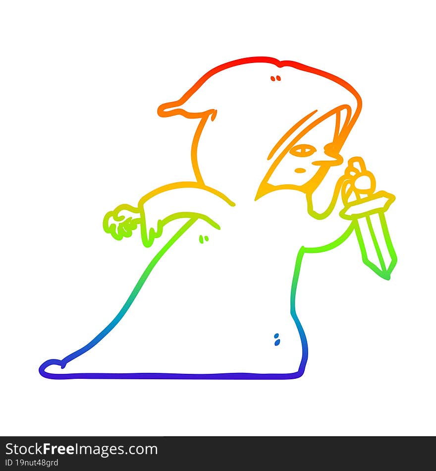 rainbow gradient line drawing of a assassin in dark robe