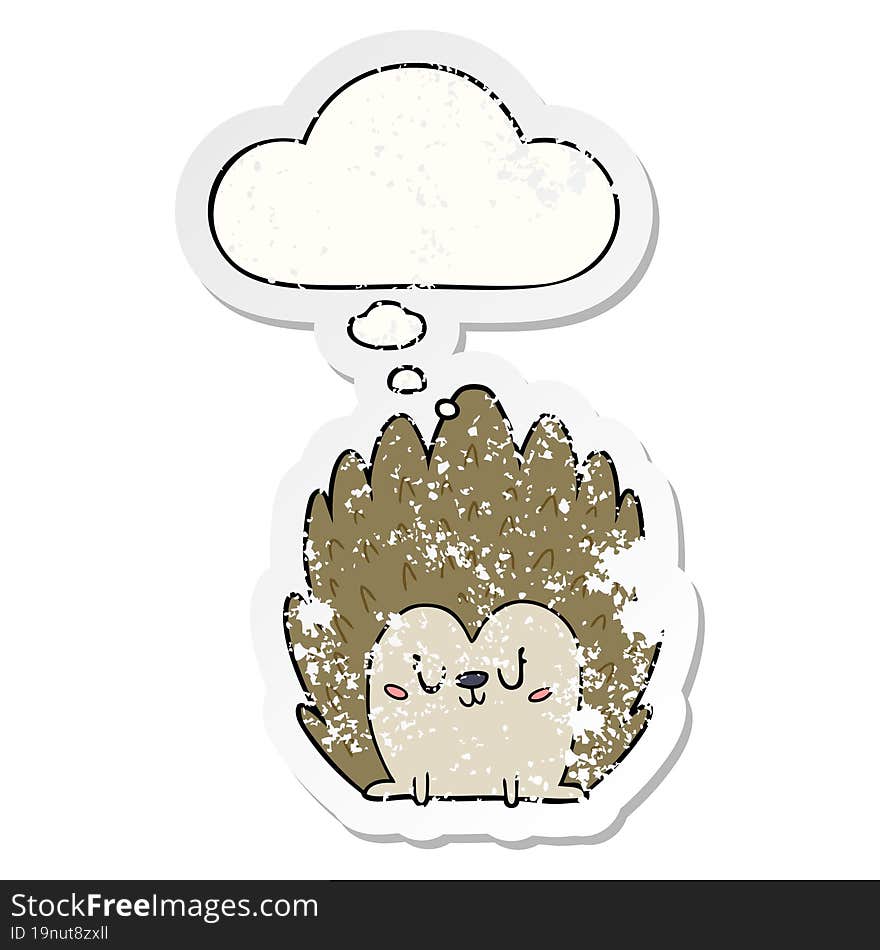 cute cartoon hedgehog and thought bubble as a distressed worn sticker