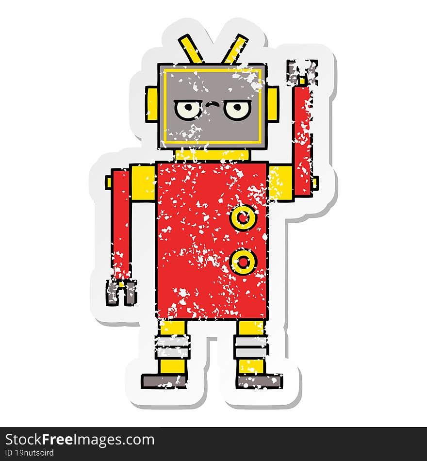 Distressed Sticker Of A Cute Cartoon Annoyed Robot