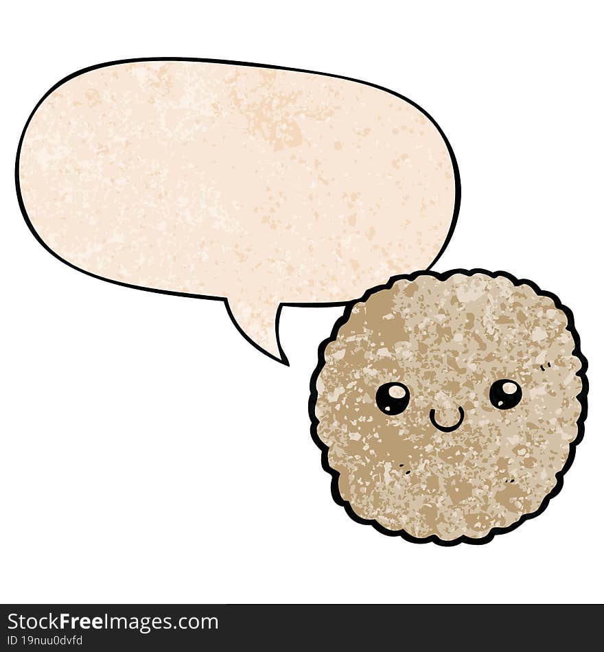 cartoon biscuit and speech bubble in retro texture style