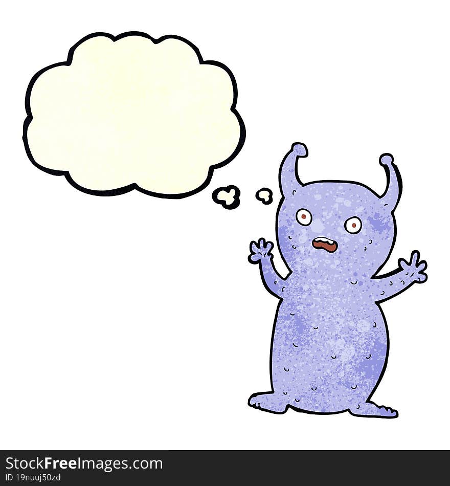 cartoon funny little alien with thought bubble