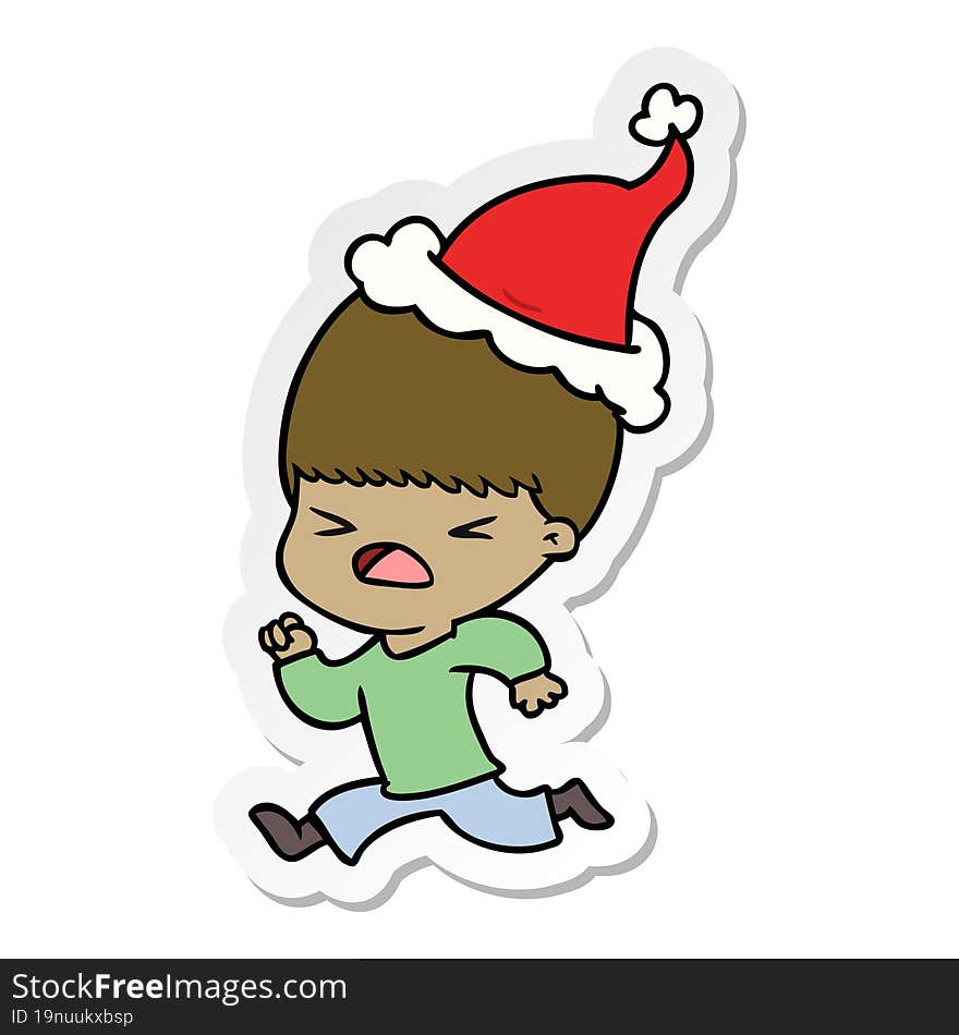 Sticker Cartoon Of A Stressed Man Wearing Santa Hat