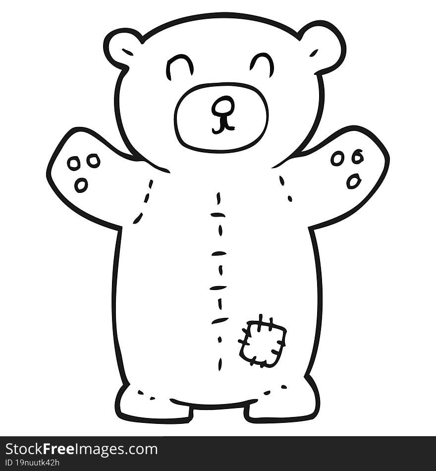 freehand drawn black and white cartoon teddy bear