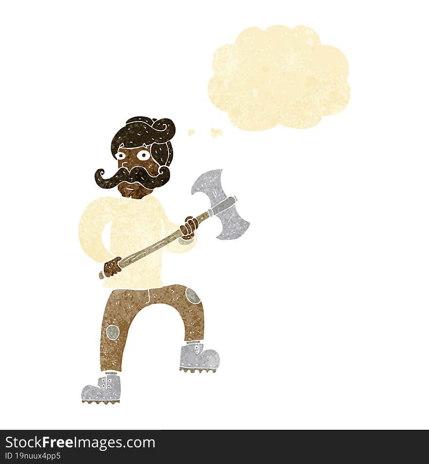 cartoon man with axe with thought bubble