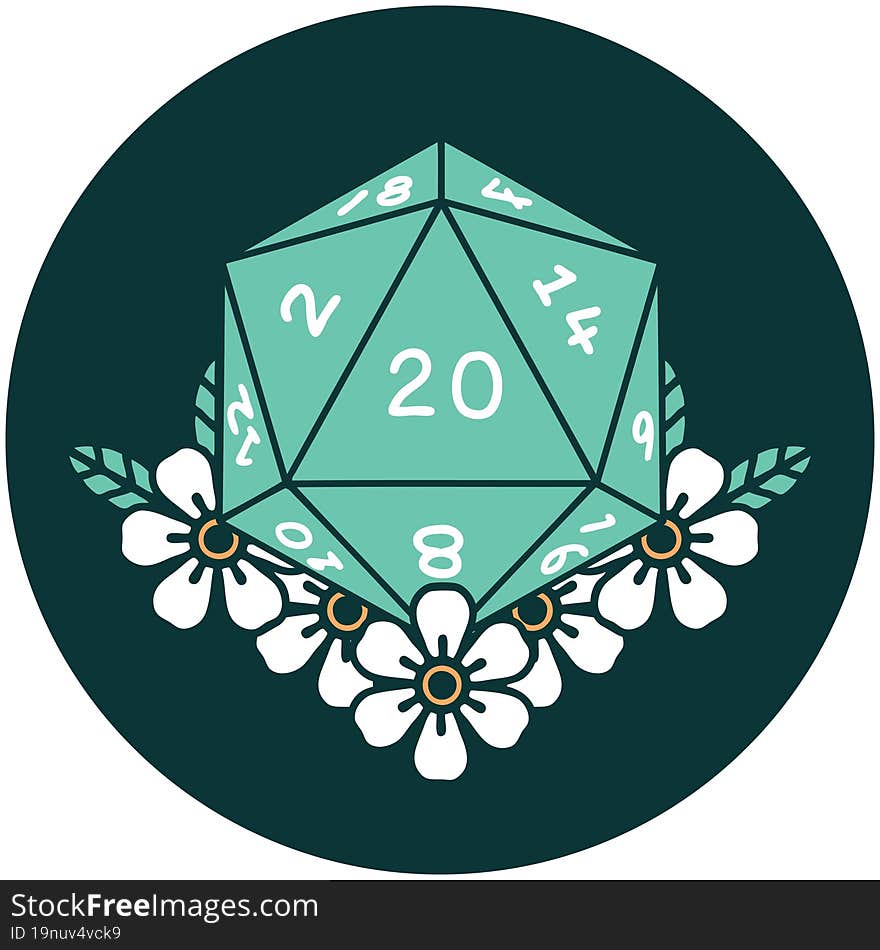 natural 20 D20 dice roll with floral elements icon