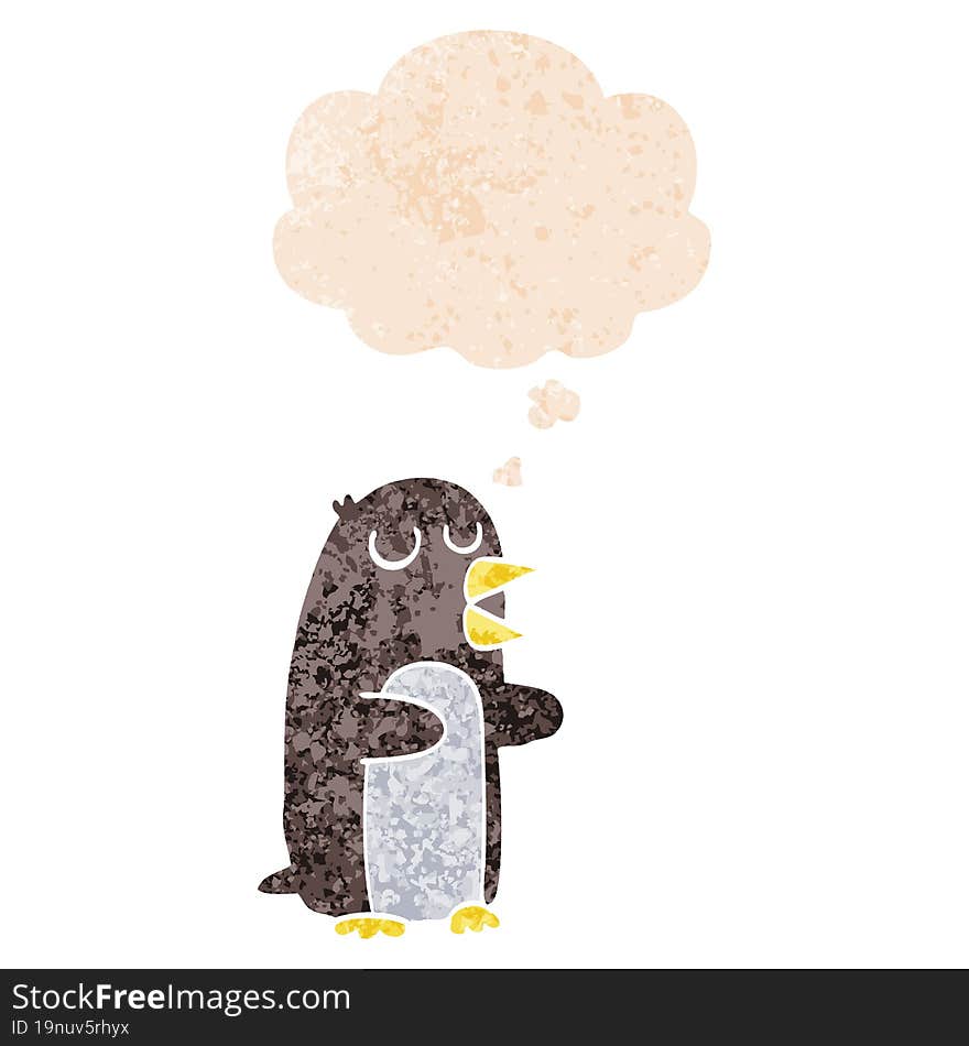 cartoon penguin and thought bubble in retro textured style